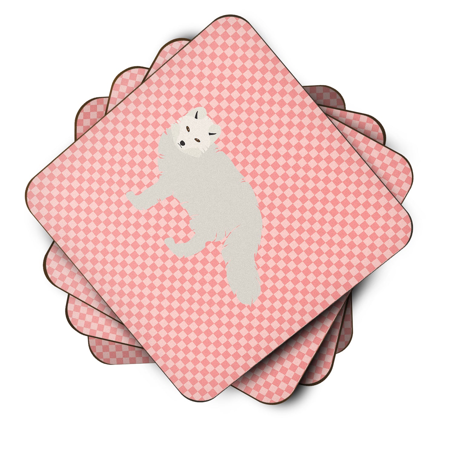 White Arctic Fox Pink Check Foam Coaster Set of 4 BB7877FC - the-store.com