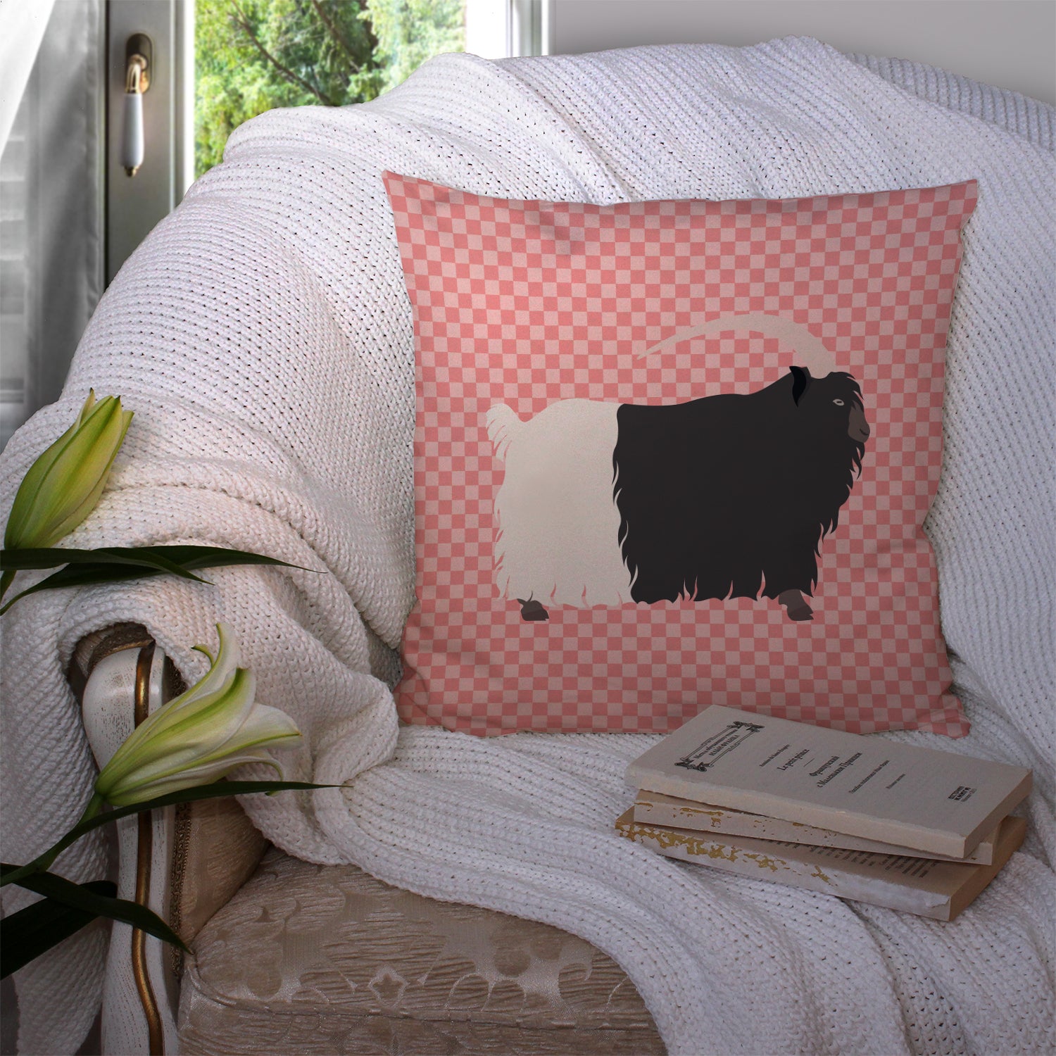 Welsh Black-Necked Goat Pink Check Fabric Decorative Pillow BB7887PW1414 - the-store.com