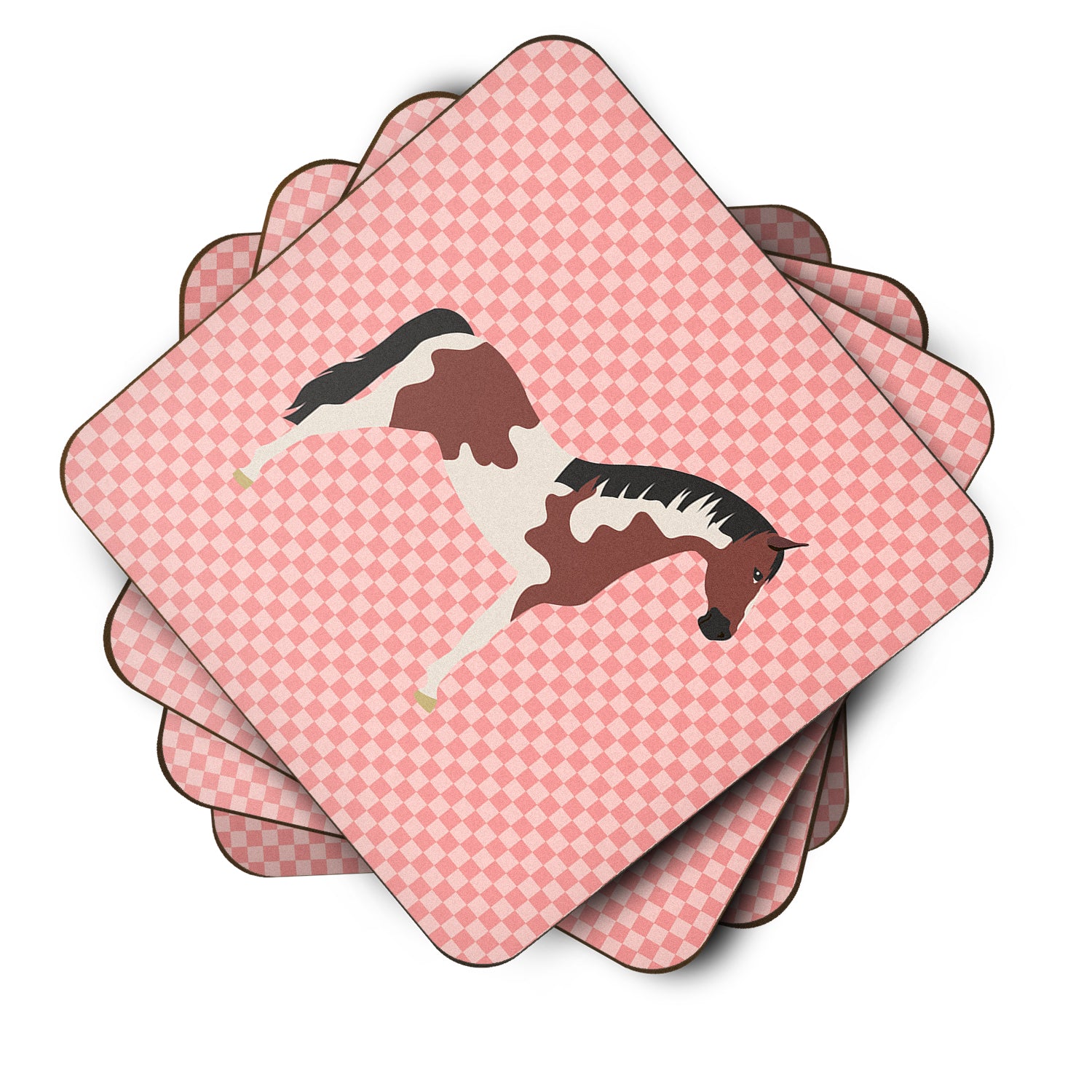 Pinto Horse Pink Check Foam Coaster Set of 4 BB7907FC - the-store.com