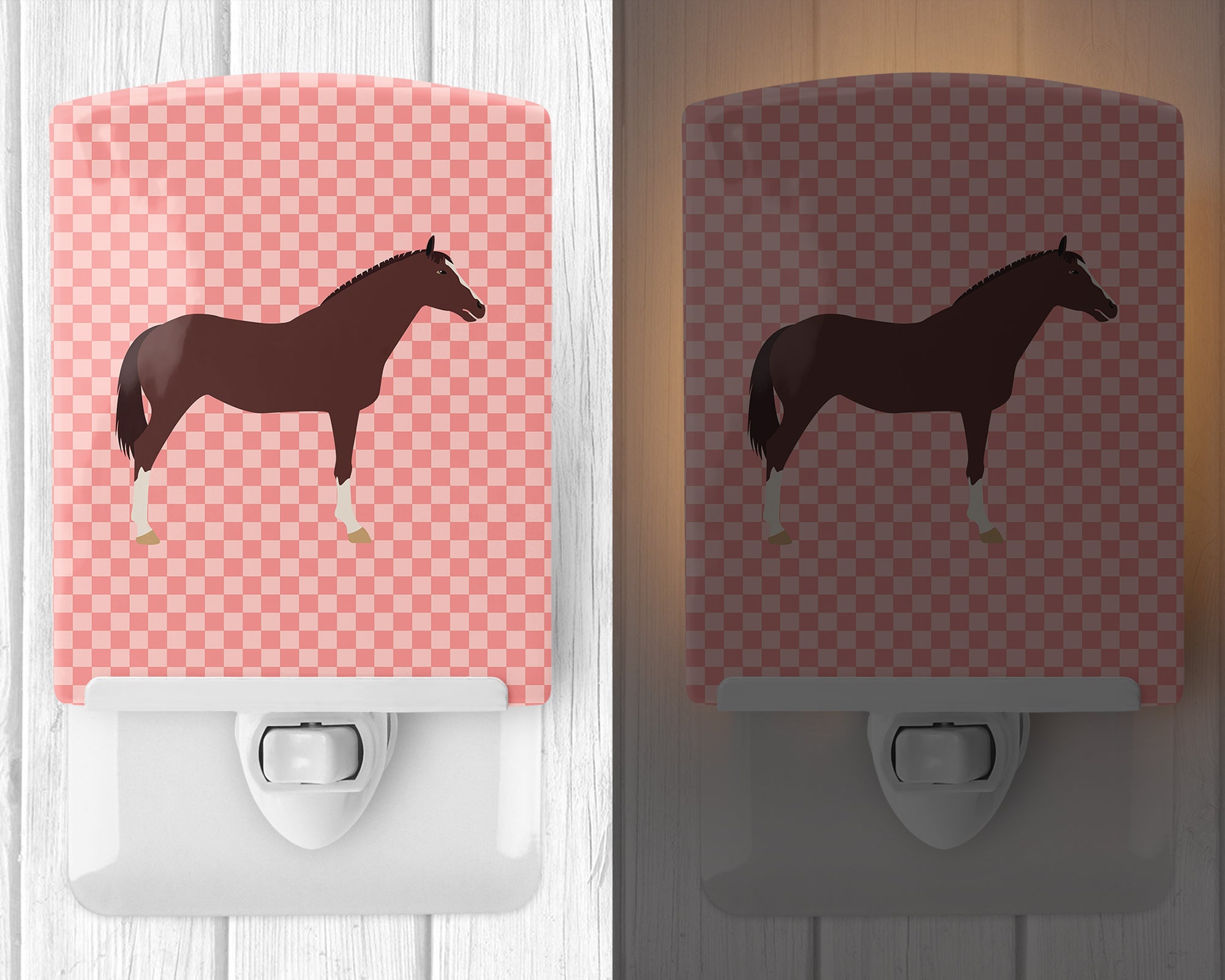 English Thoroughbred Horse Pink Check Ceramic Night Light BB7913CNL - the-store.com