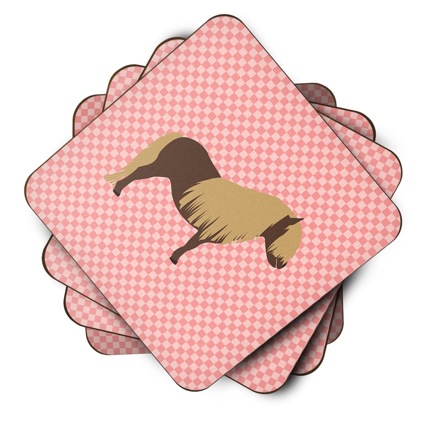 Shetland Pony Horse Pink Check Foam Coaster Set of 4 BB7914FC - the-store.com