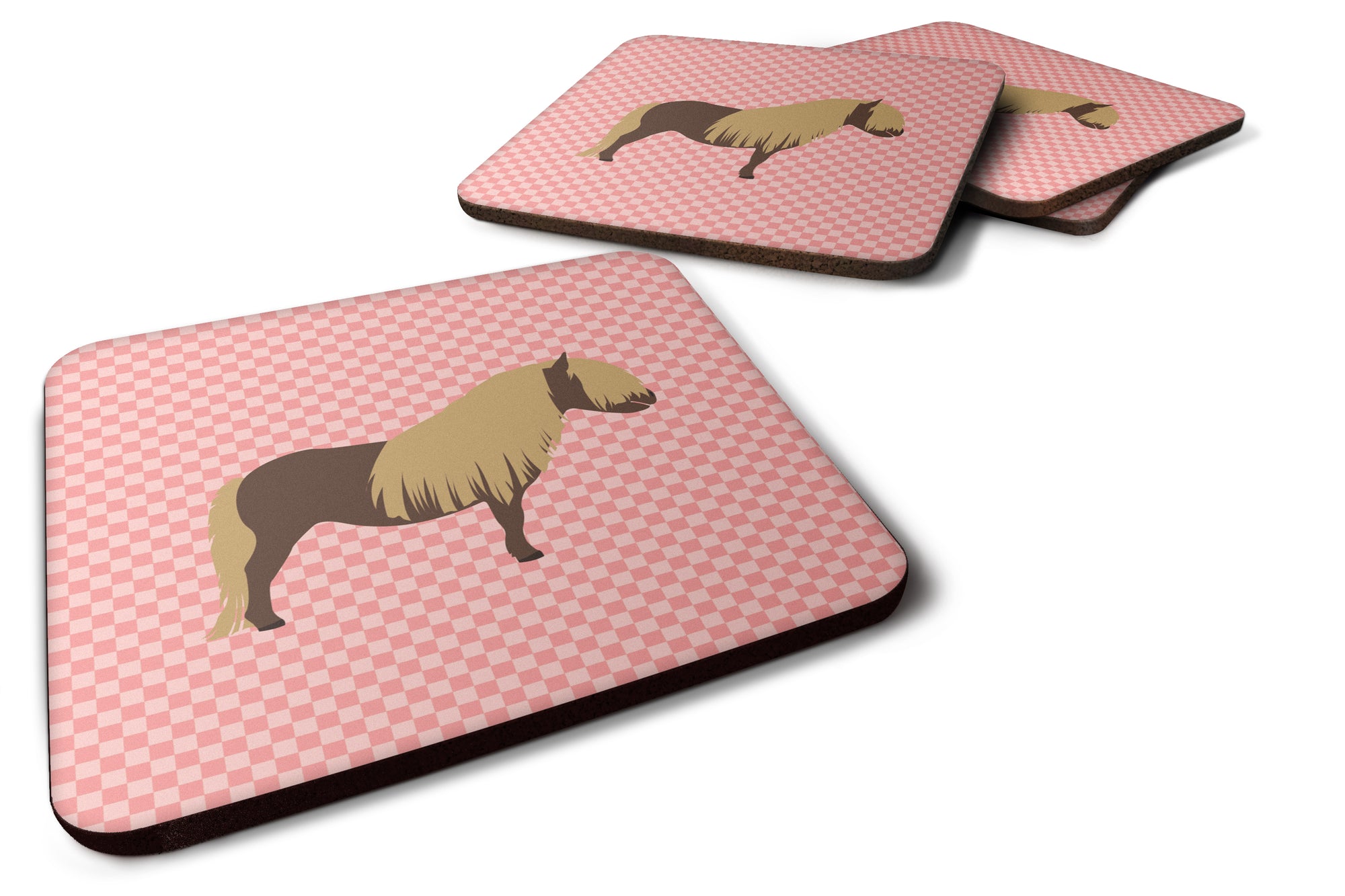 Shetland Pony Horse Pink Check Foam Coaster Set of 4 BB7914FC - the-store.com