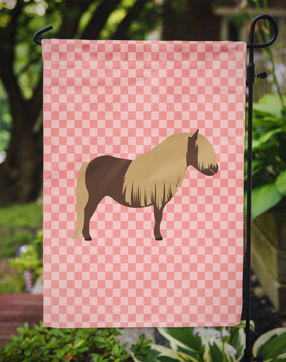 Shetland Pony Horse Pink Check Flag Garden Size  the-store.com.