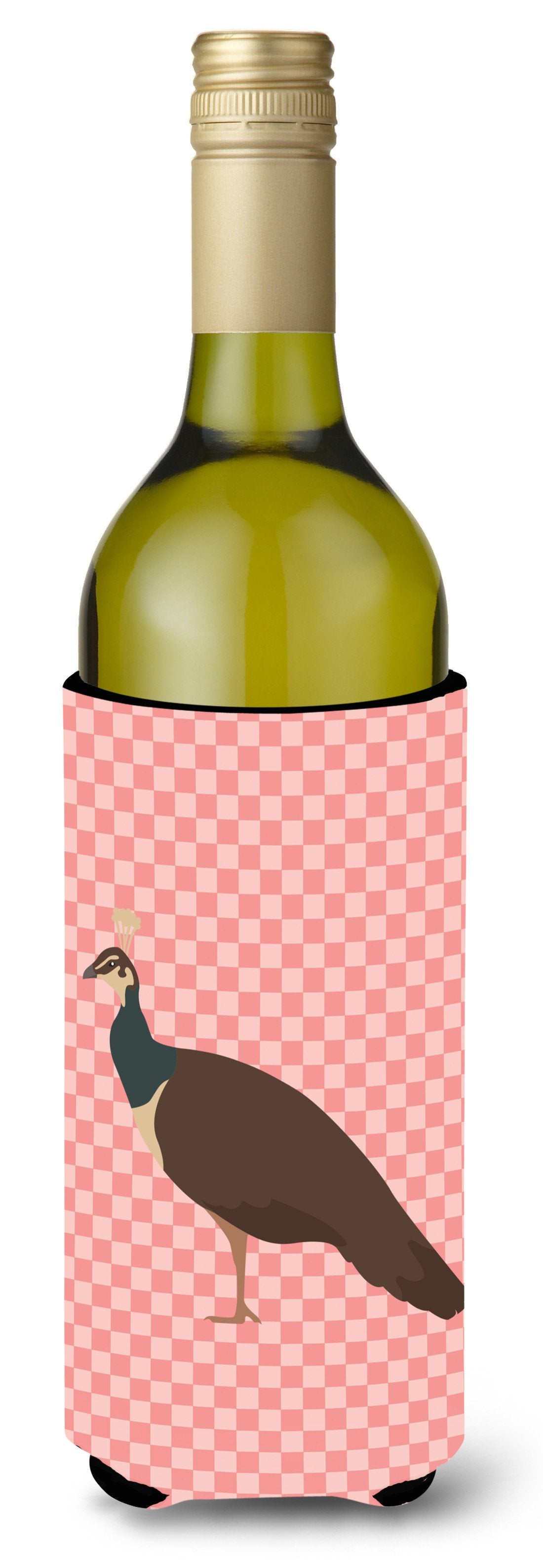 Indian Peahen Peafowl Pink Check Wine Bottle Beverge Insulator Hugger BB7927LITERK by Caroline&#39;s Treasures