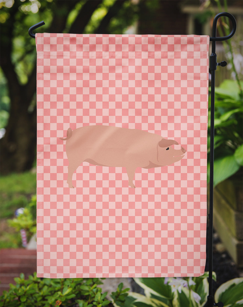 American Landrace Pig Pink Check Flag Garden Size  the-store.com.