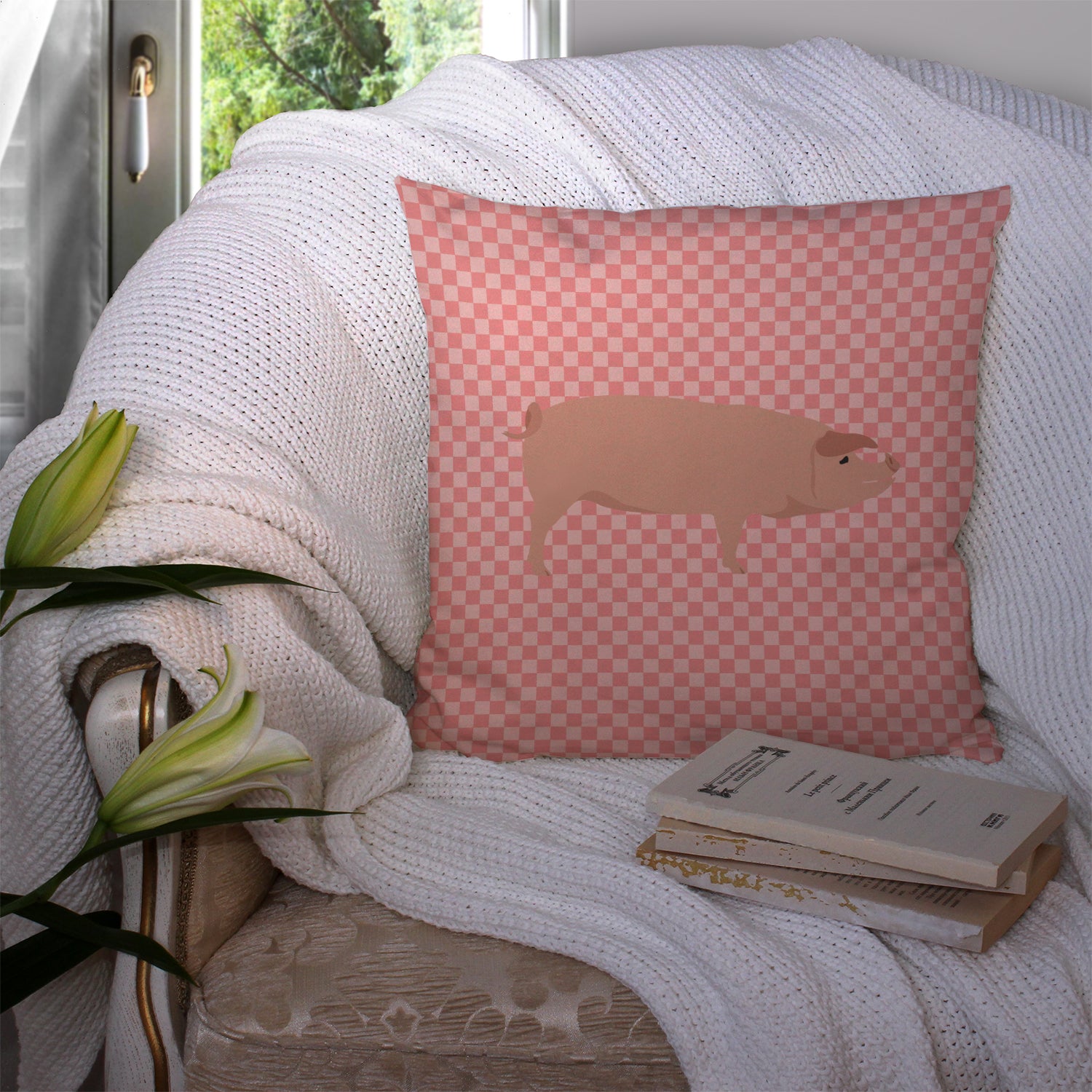 American Landrace Pig Pink Check Fabric Decorative Pillow BB7932PW1414 - the-store.com