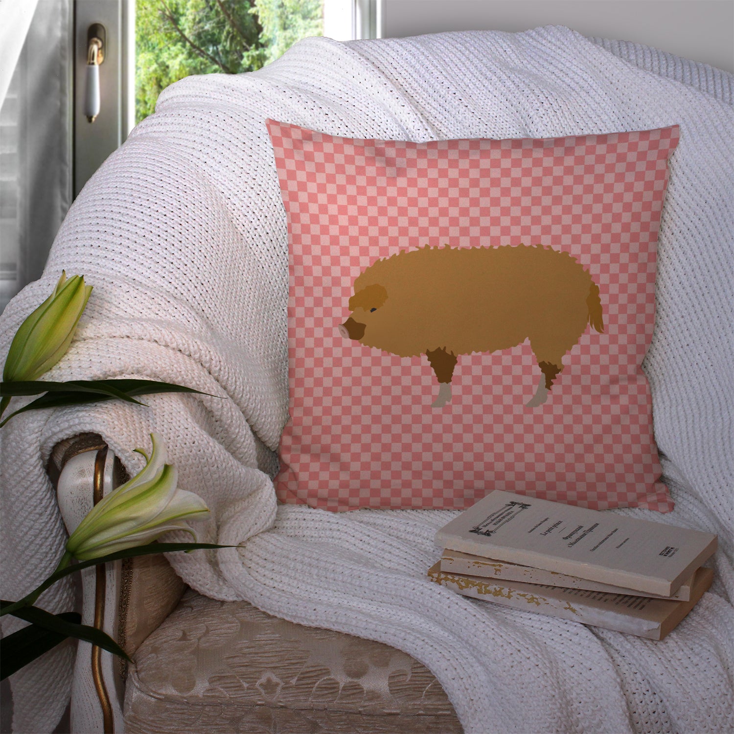 Hungarian Mangalica Pig Pink Check Fabric Decorative Pillow BB7934PW1414 - the-store.com