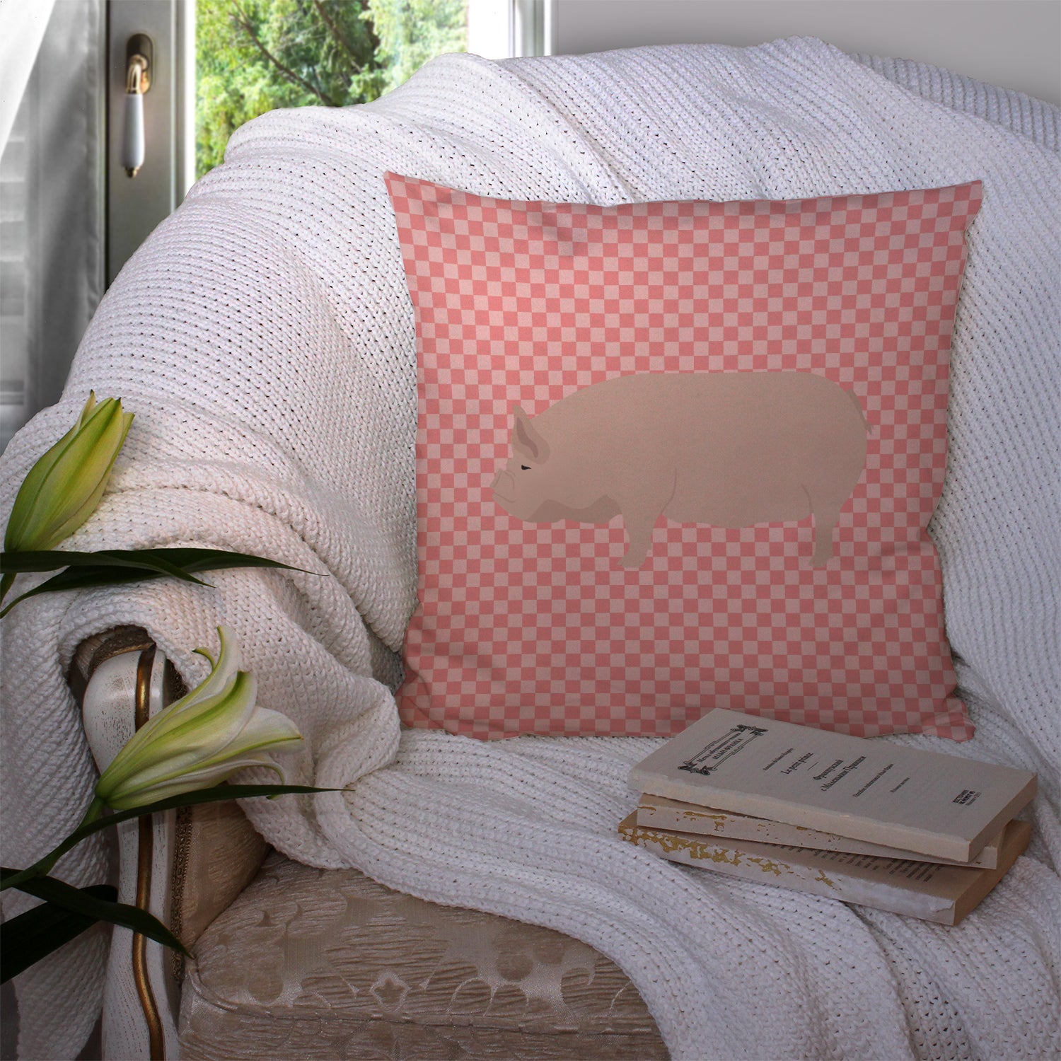 Welsh Pig Pink Check Fabric Decorative Pillow BB7937PW1414 - the-store.com