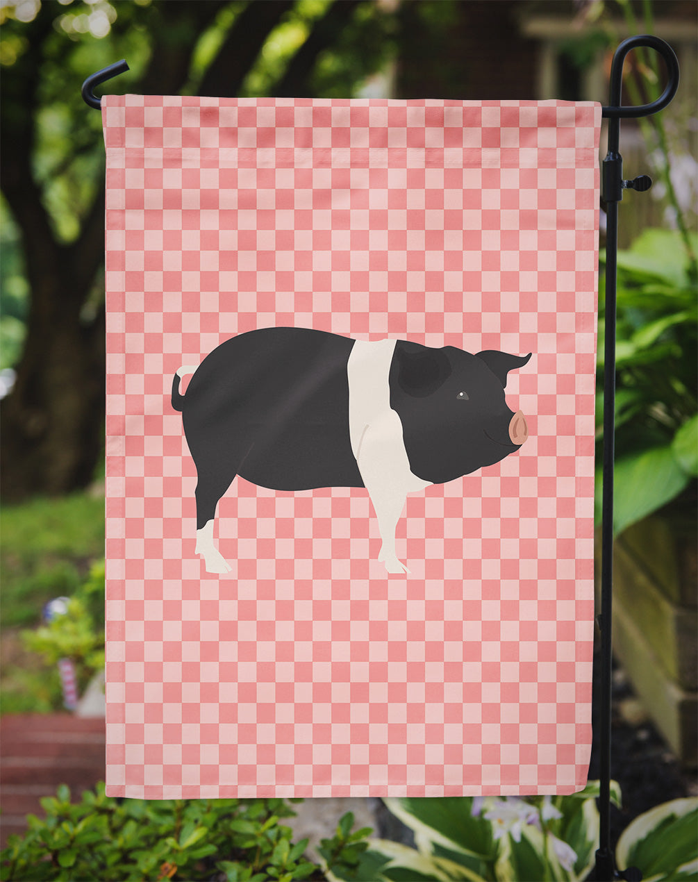 Hampshire Pig Pink Check Flag Garden Size  the-store.com.