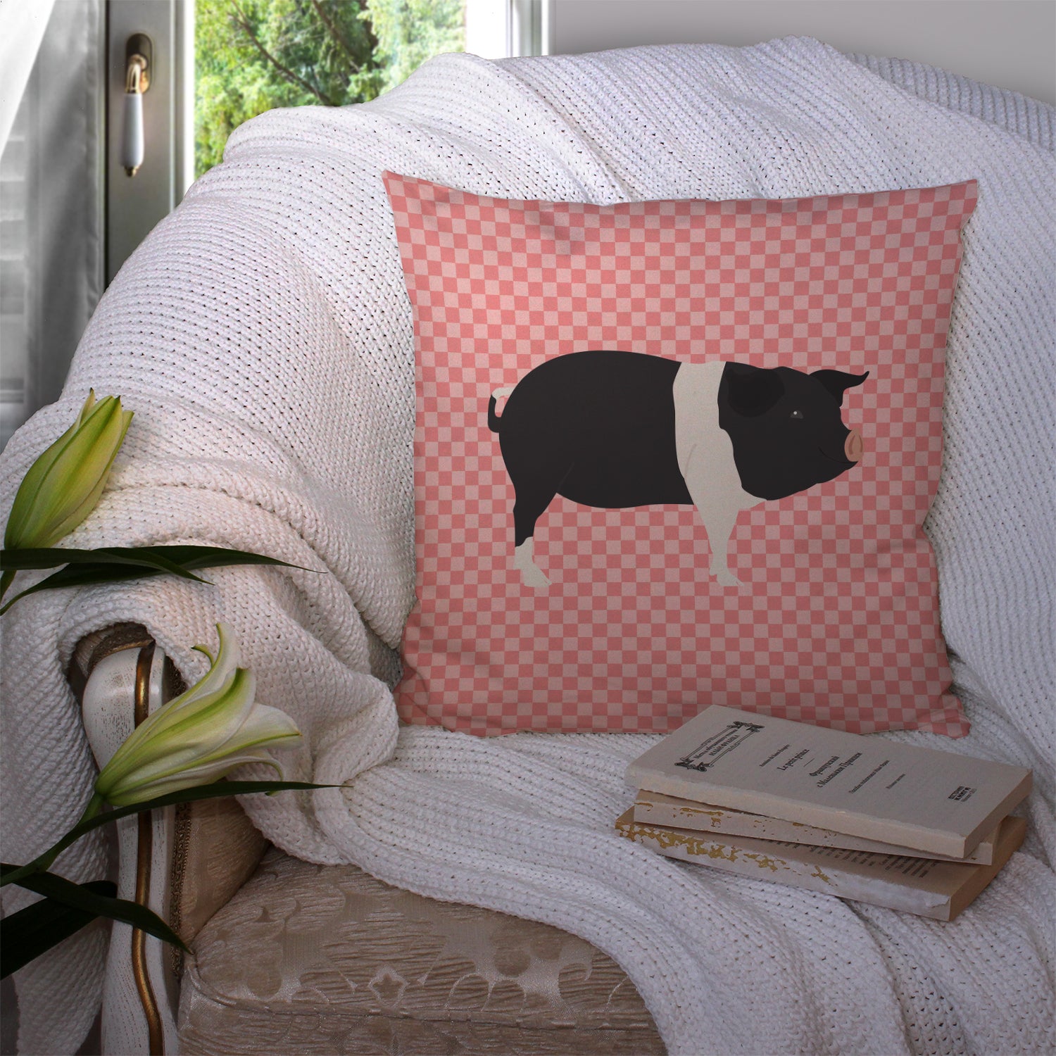 Hampshire Pig Pink Check Fabric Decorative Pillow BB7939PW1414 - the-store.com