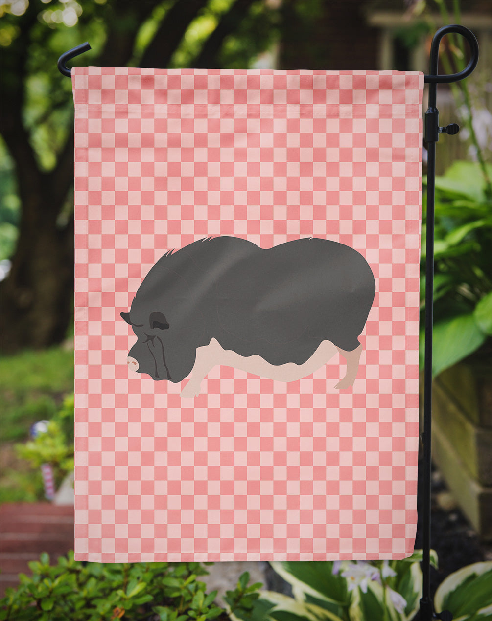 Vietnamese Pot-Bellied Pig Pink Check Flag Garden Size  the-store.com.