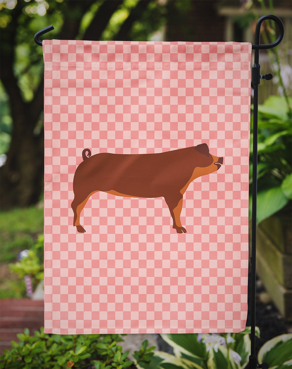 Duroc Pig Pink Check Flag Garden Size  the-store.com.