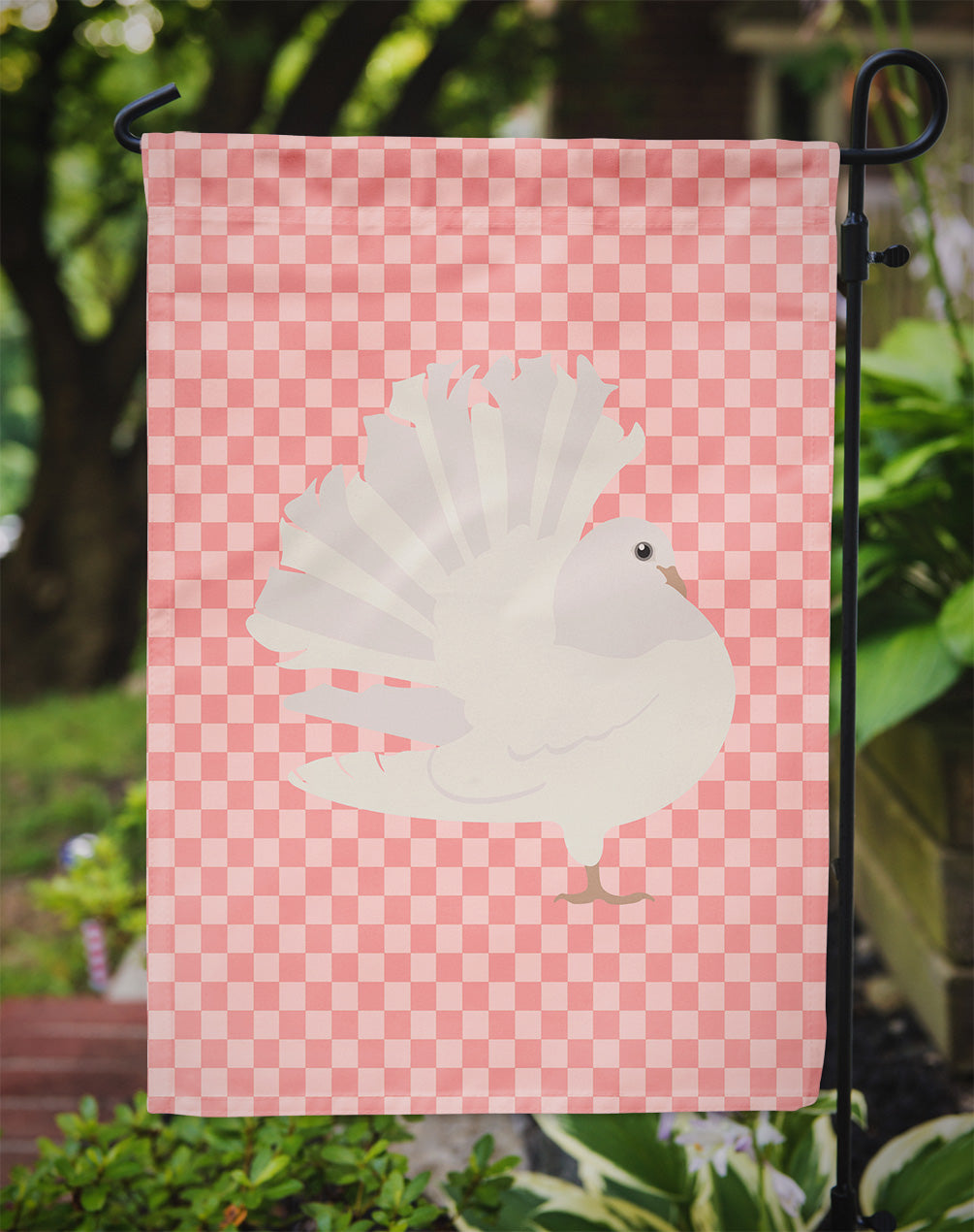 Silver Fantail Pigeon Pink Check Flag Garden Size  the-store.com.