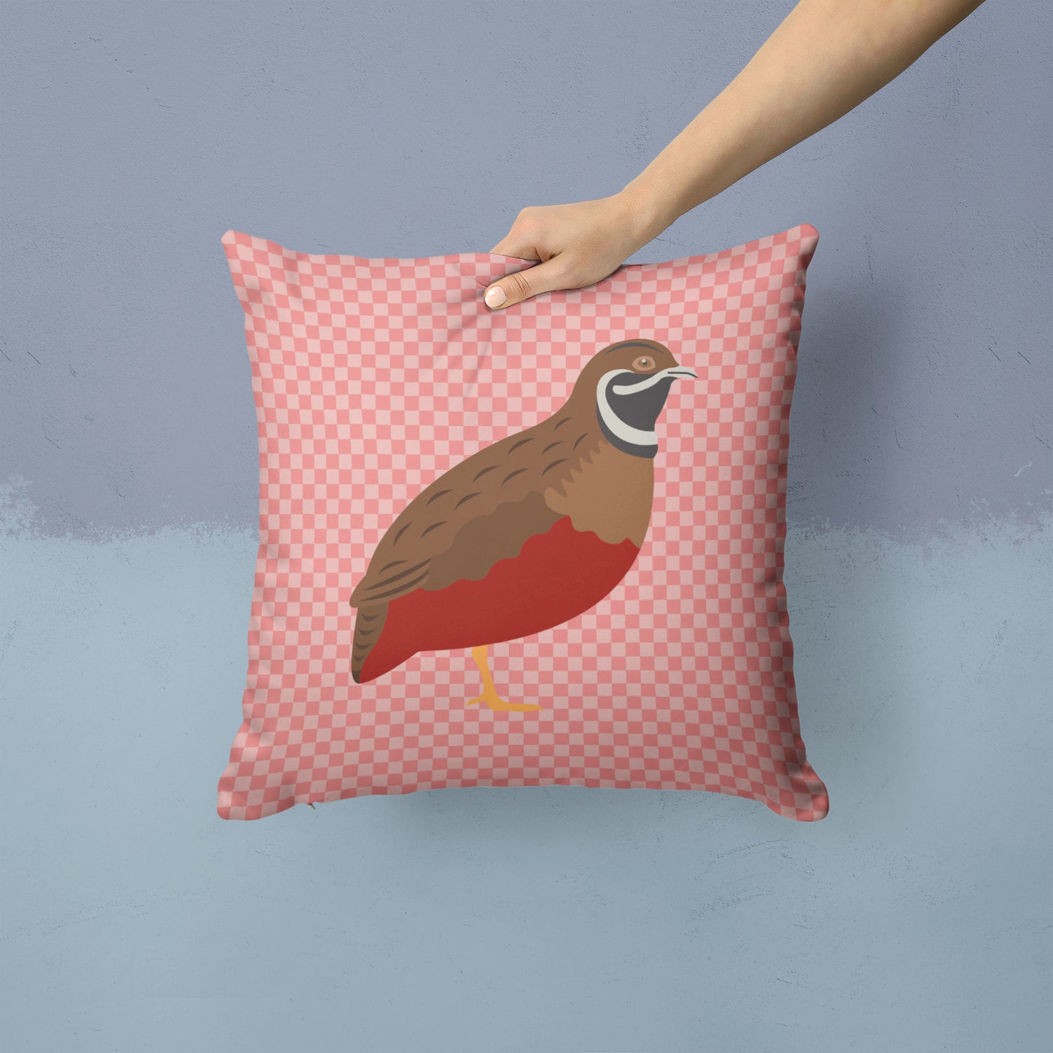 Chinese Painted or King Quail Pink Check Fabric Decorative Pillow BB7956PW1414 - the-store.com