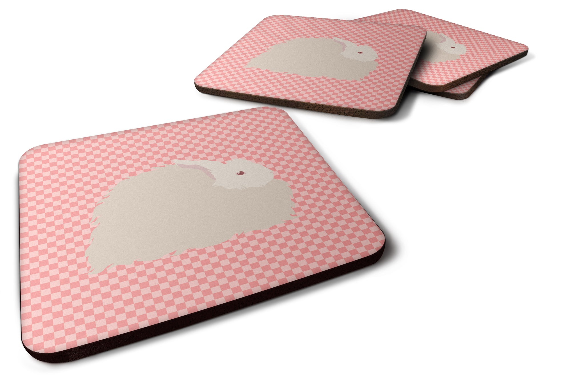 Fluffy Angora Rabbit Pink Check Foam Coaster Set of 4 BB7959FC - the-store.com