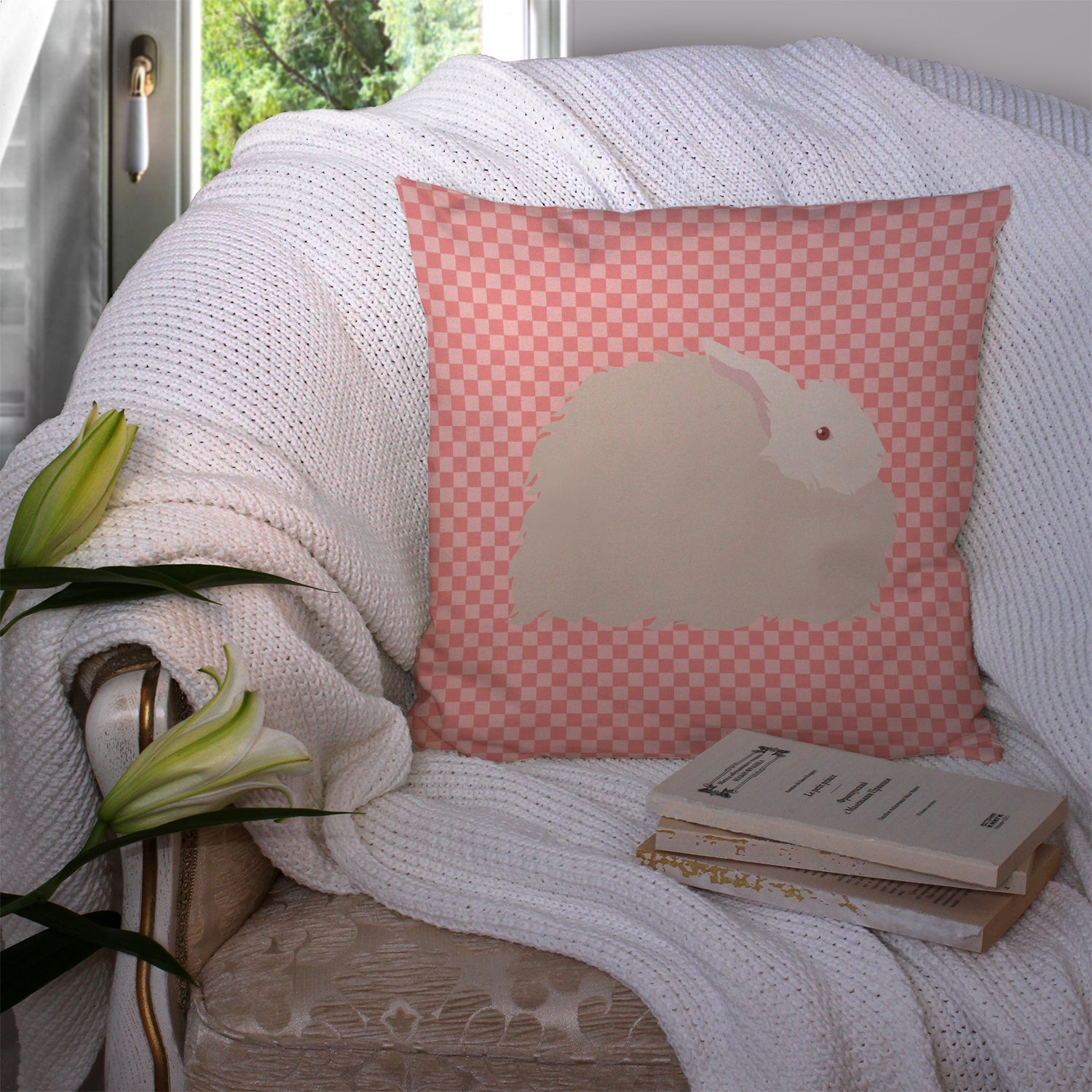 Fluffy Angora Rabbit Pink Check Fabric Decorative Pillow BB7959PW1414 - the-store.com