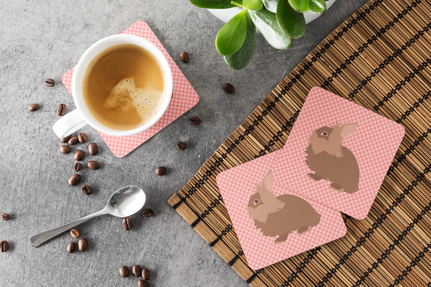 Lionhead Rabbit Pink Check Foam Coaster Set of 4 BB7960FC - the-store.com