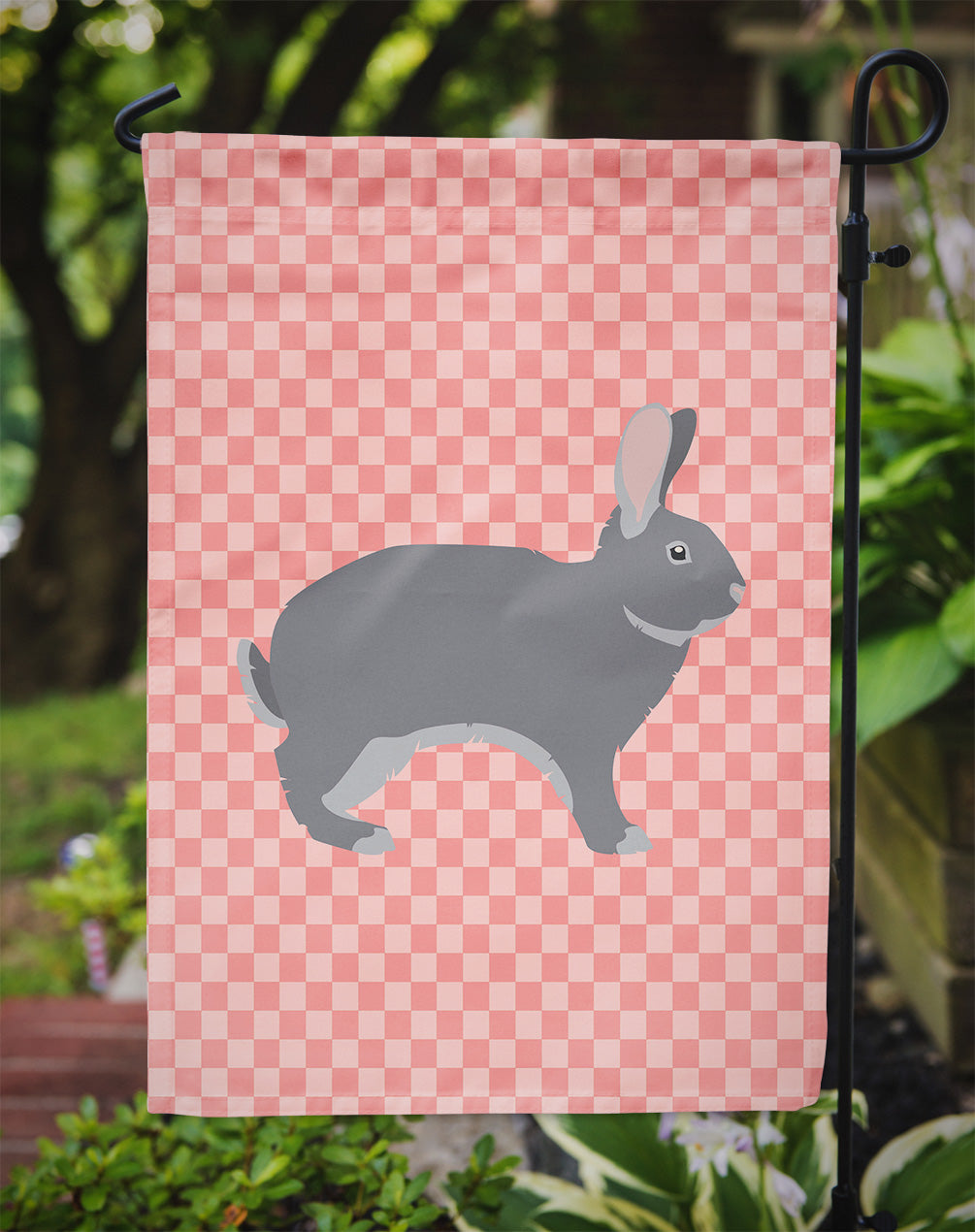 Giant Chinchilla Rabbit Pink Check Flag Garden Size  the-store.com.