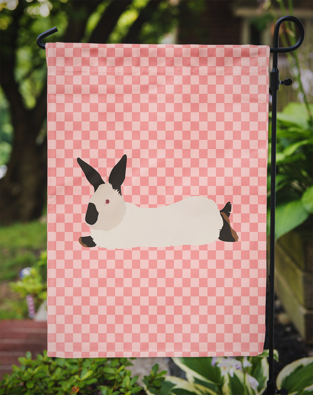 California White Rabbit Pink Check Flag Garden Size  the-store.com.