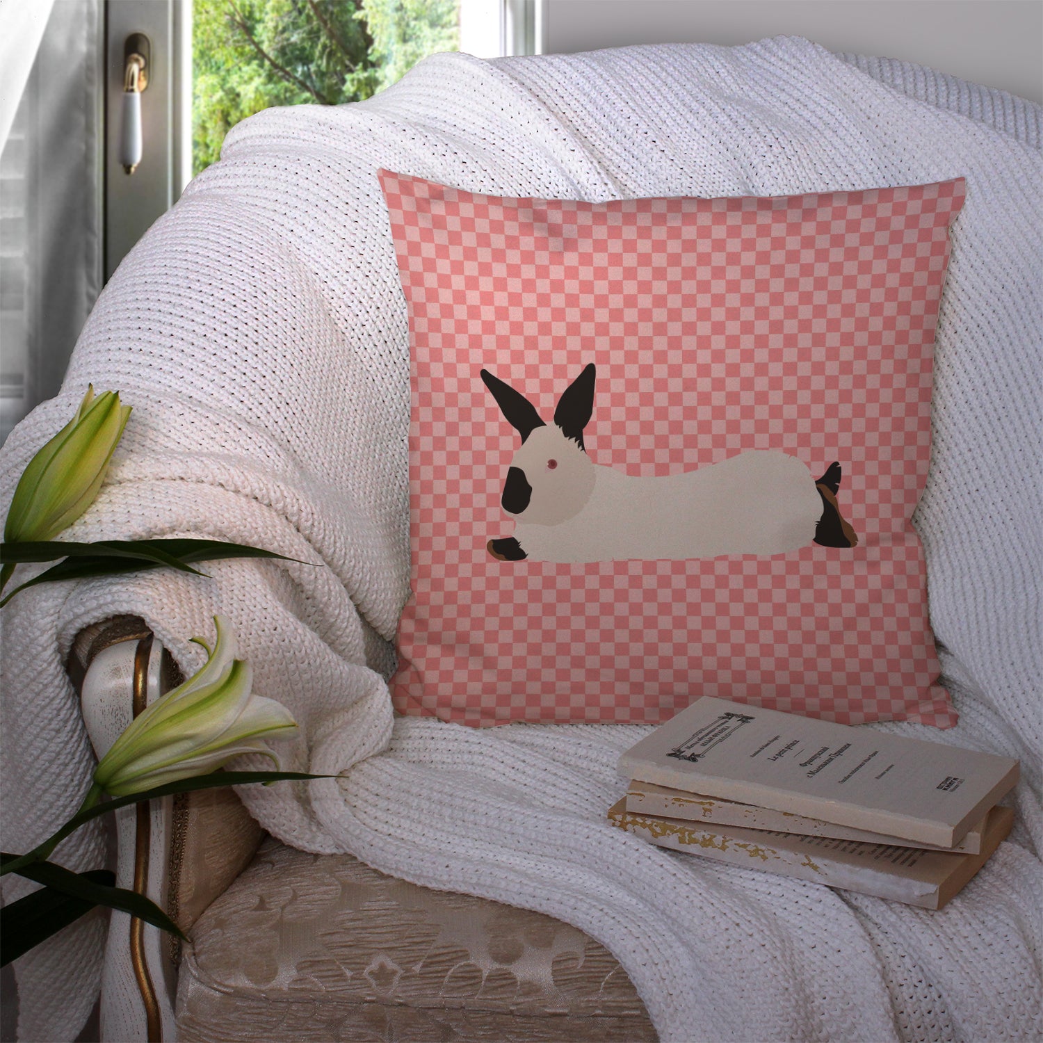 California White Rabbit Pink Check Fabric Decorative Pillow BB7967PW1414 - the-store.com