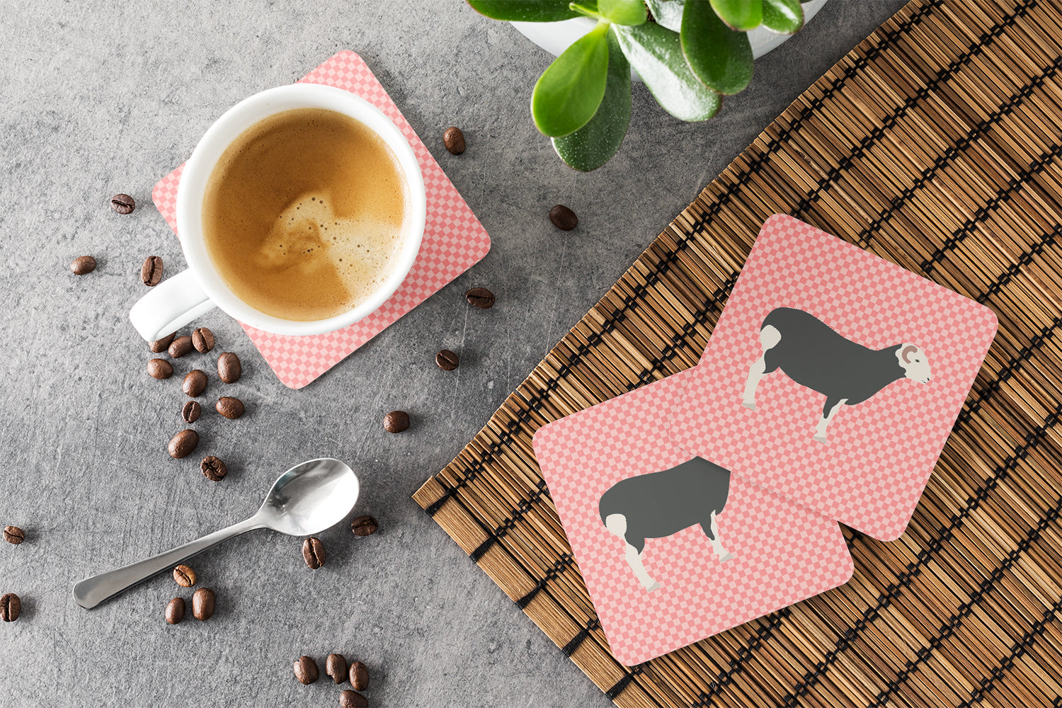 Herwick Sheep Pink Check Foam Coaster Set of 4 BB7970FC - the-store.com