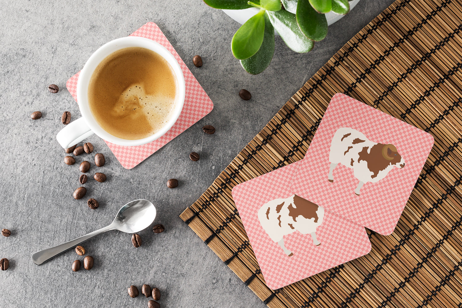 Jacob Sheep Pink Check Foam Coaster Set of 4 BB7975FC - the-store.com