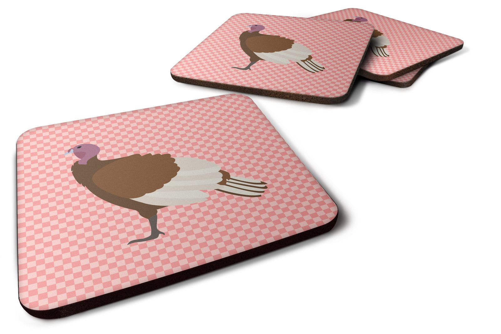 Bourbon Red Turkey Hen Pink Check Foam Coaster Set of 4 BB7982FC - the-store.com