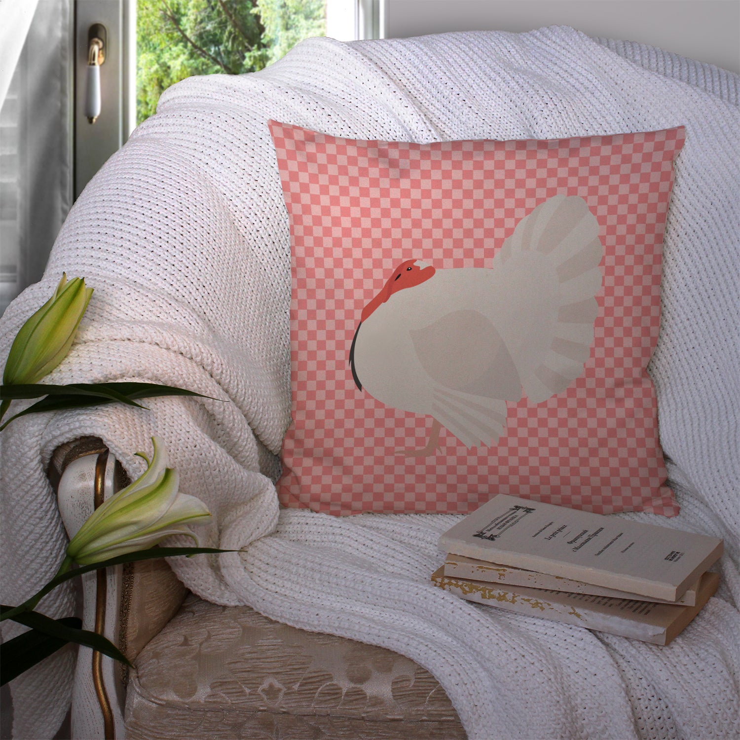 White Holland Turkey Pink Check Fabric Decorative Pillow BB7983PW1414 - the-store.com