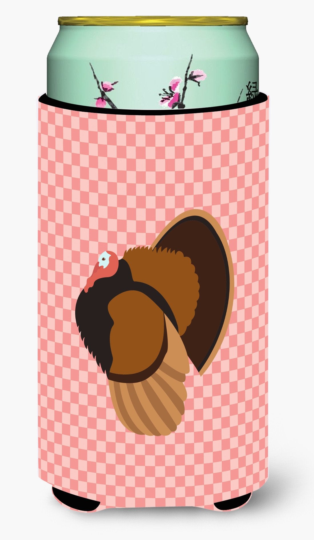 Bronze Turkey Pink Check Tall Boy Beverage Insulator Hugger BB7986TBC by Caroline&#39;s Treasures