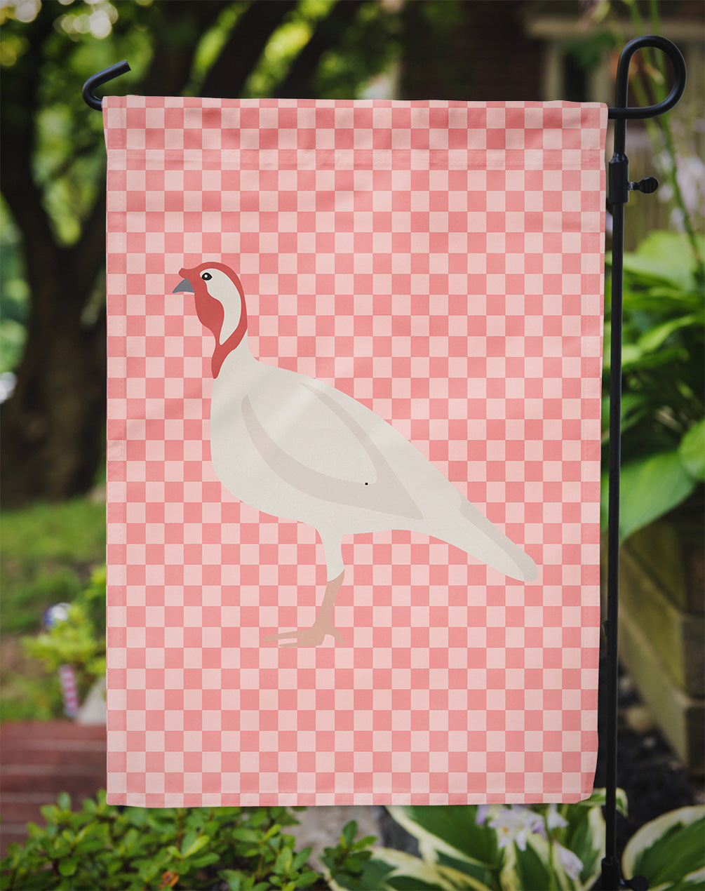 Beltsville Small White Turkey Hen Pink Check Flag Garden Size  the-store.com.