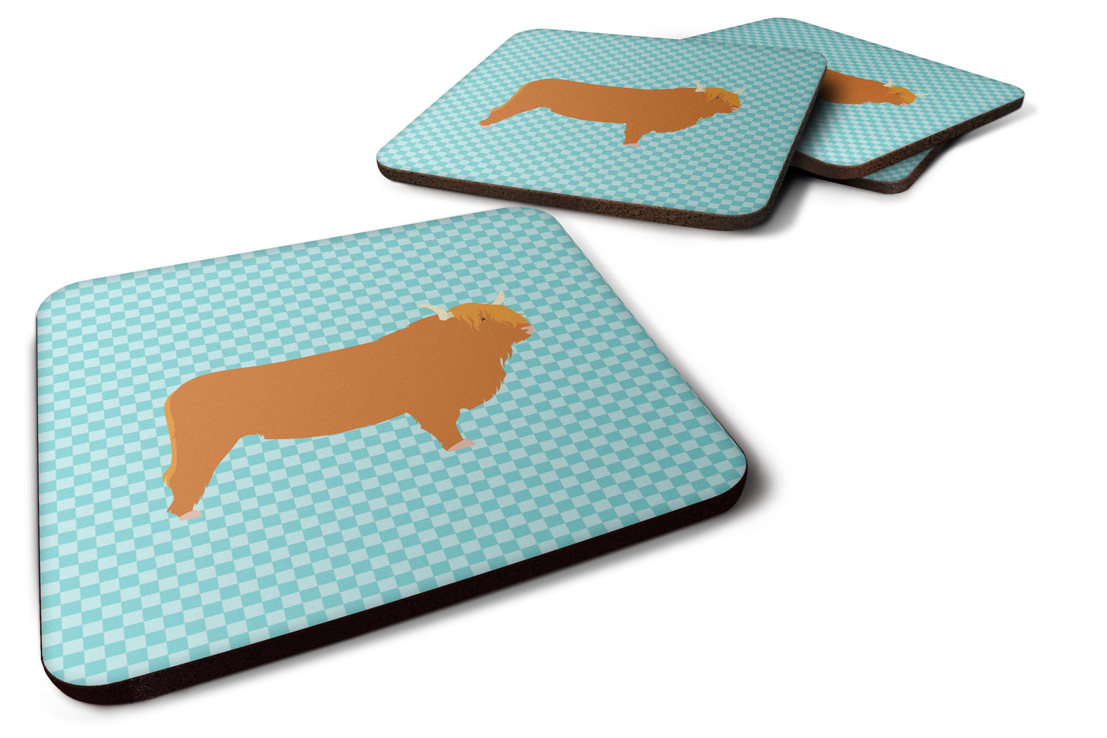 Highland Cow Blue Check Foam Coaster Set of 4 BB7994FC - the-store.com