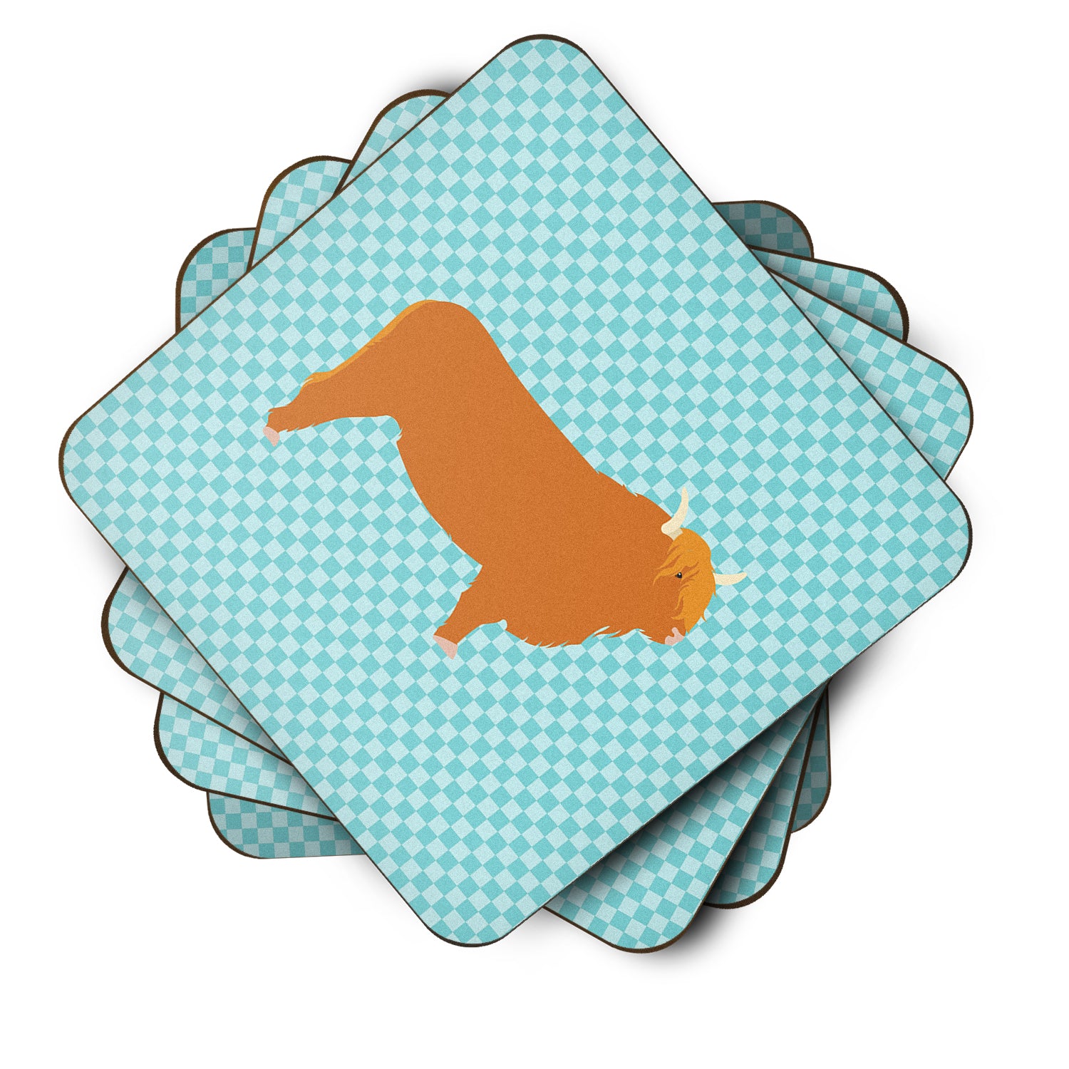 Highland Cow Blue Check Foam Coaster Set of 4 BB7994FC - the-store.com