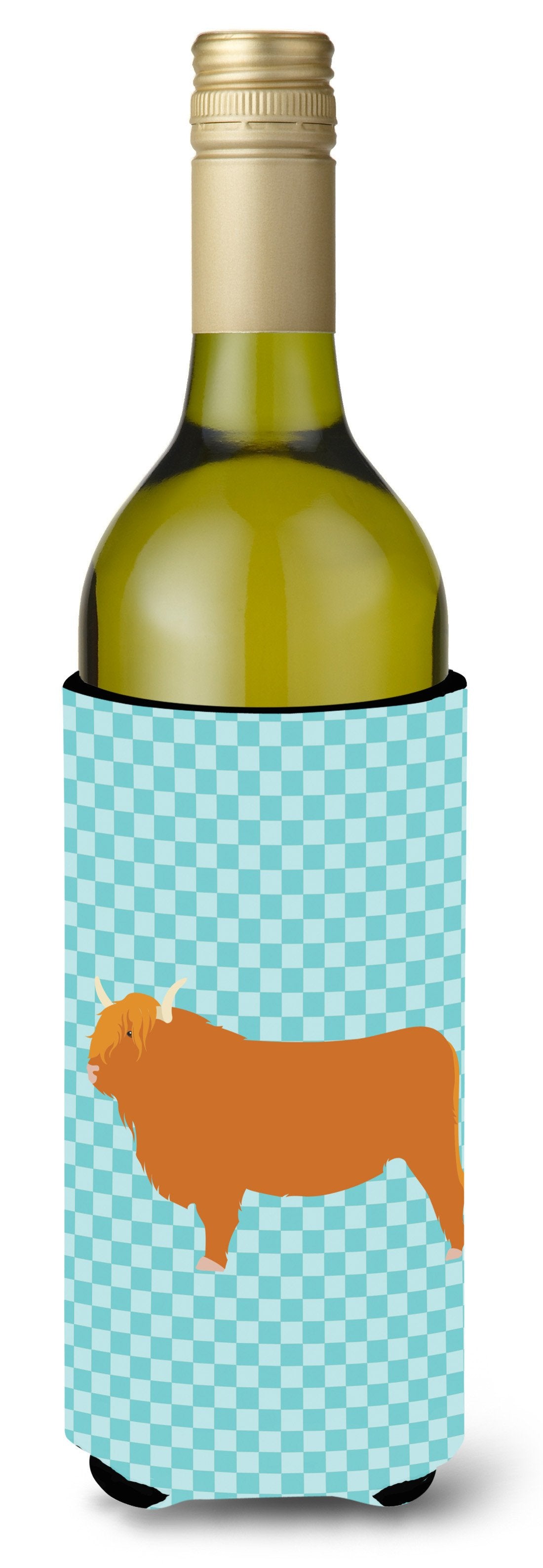 Highland Cow Blue Check Wine Bottle Beverge Insulator Hugger BB7994LITERK by Caroline's Treasures