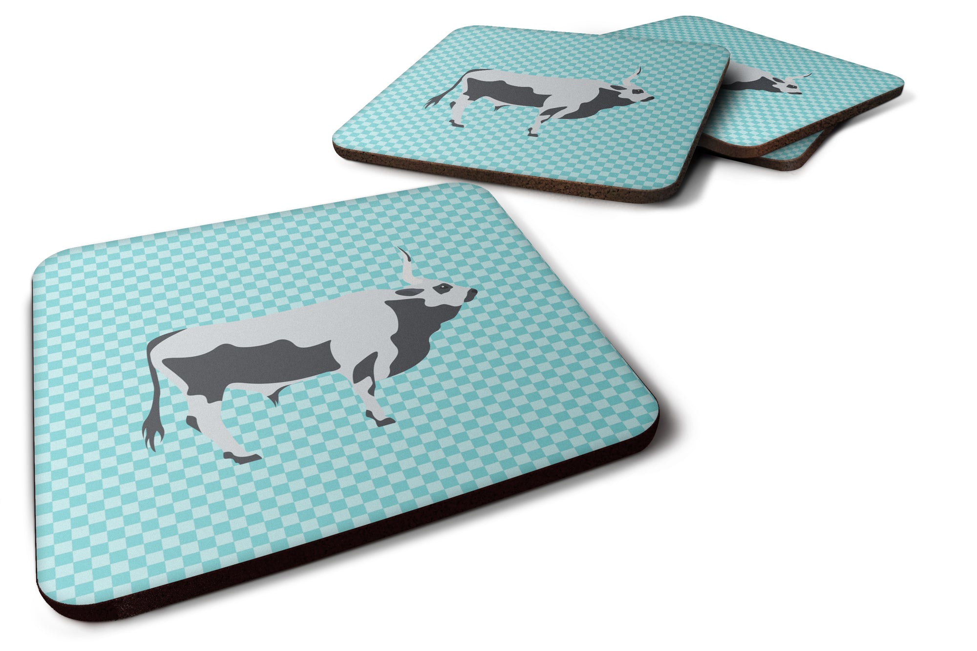 Hungarian Grey Steppe Cow Blue Check Foam Coaster Set of 4 BB7998FC - the-store.com