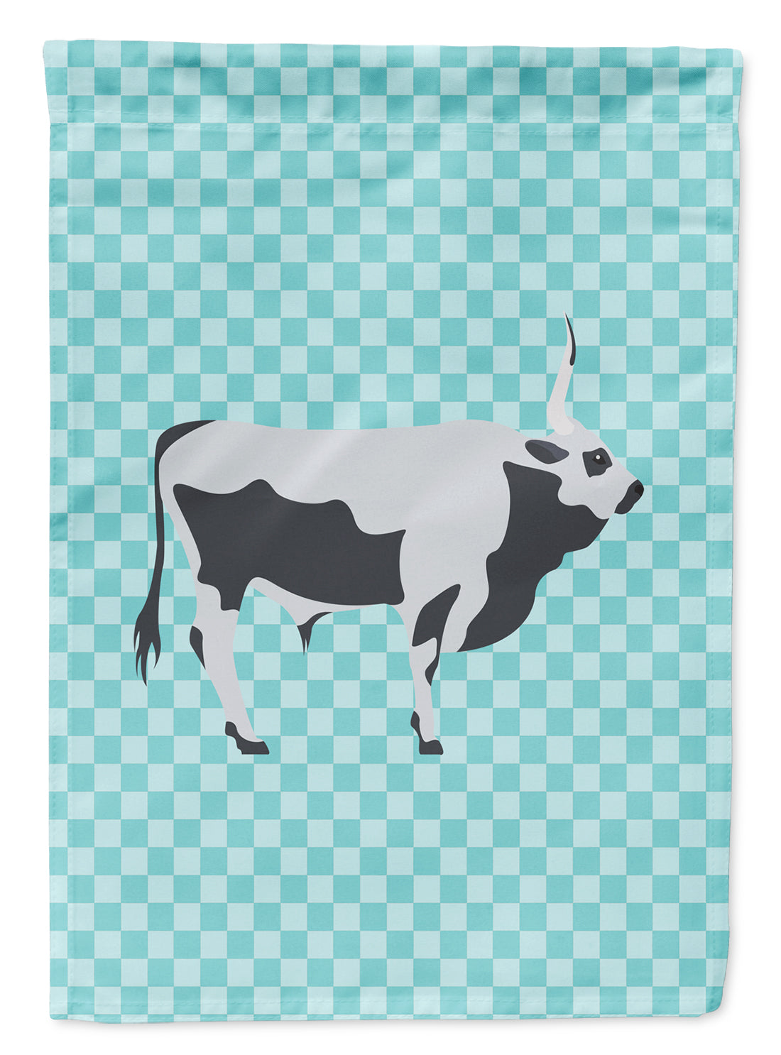 Hungarian Grey Steppe Cow Blue Check Flag Garden Size  the-store.com.