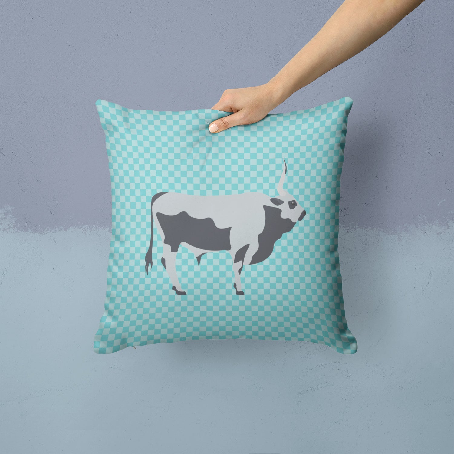 Hungarian Grey Steppe Cow Blue Check Fabric Decorative Pillow BB7998PW1414 - the-store.com