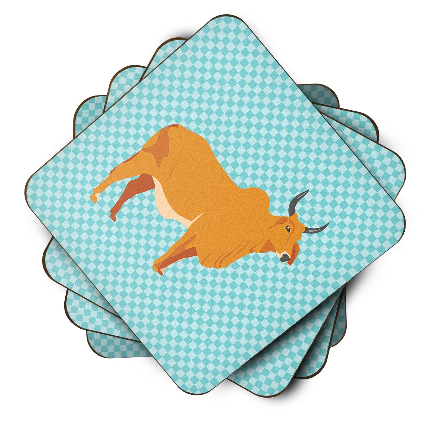 Zebu Indicine Cow Blue Check Foam Coaster Set of 4 BB7999FC - the-store.com