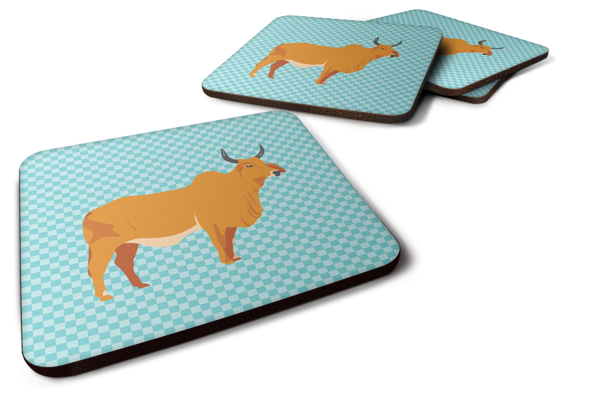 Zebu Indicine Cow Blue Check Foam Coaster Set of 4 BB7999FC - the-store.com