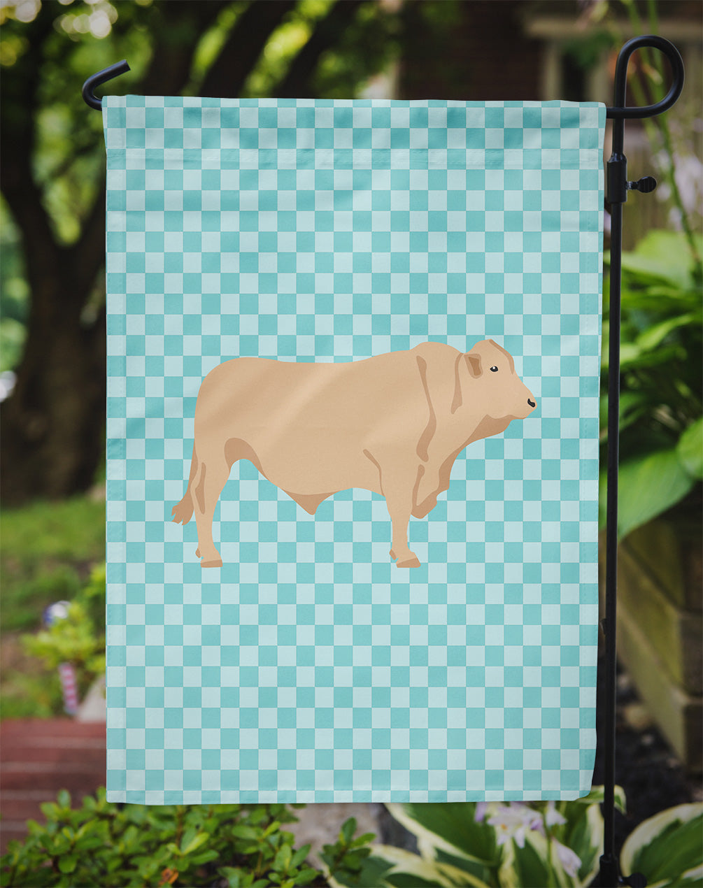 Charolais Cow Blue Check Flag Garden Size  the-store.com.