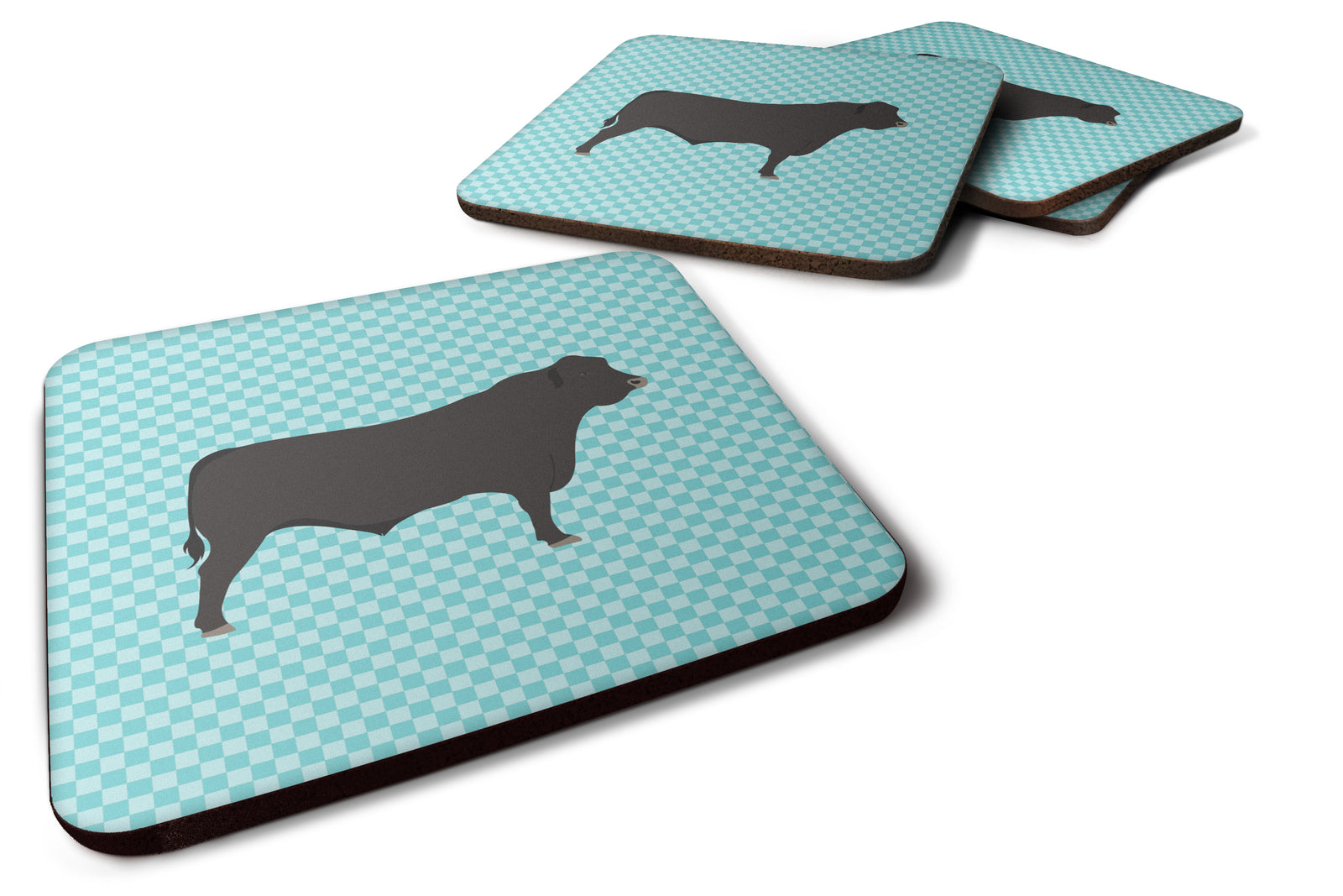 Black Angus Cow Blue Check Foam Coaster Set of 4 BB8002FC - the-store.com