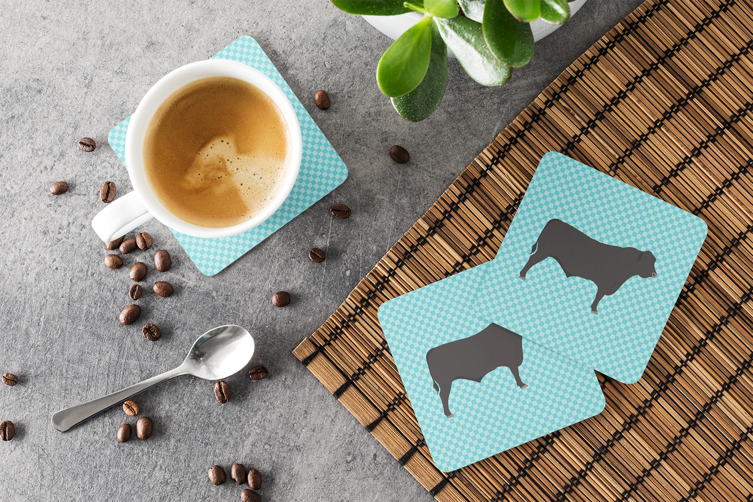 Black Angus Cow Blue Check Foam Coaster Set of 4 BB8002FC - the-store.com