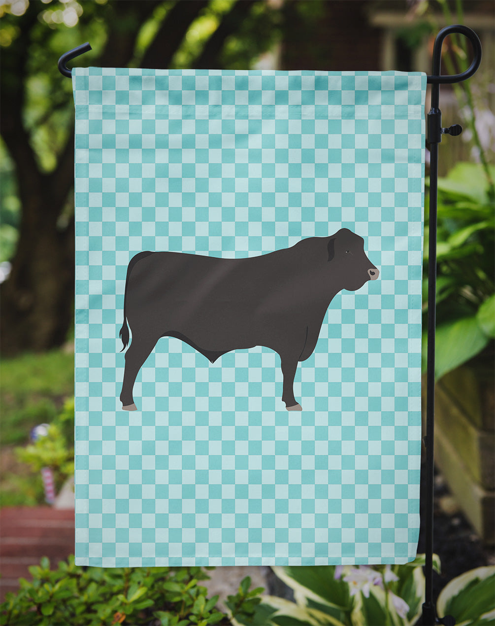 Black Angus Cow Blue Check Flag Garden Size  the-store.com.