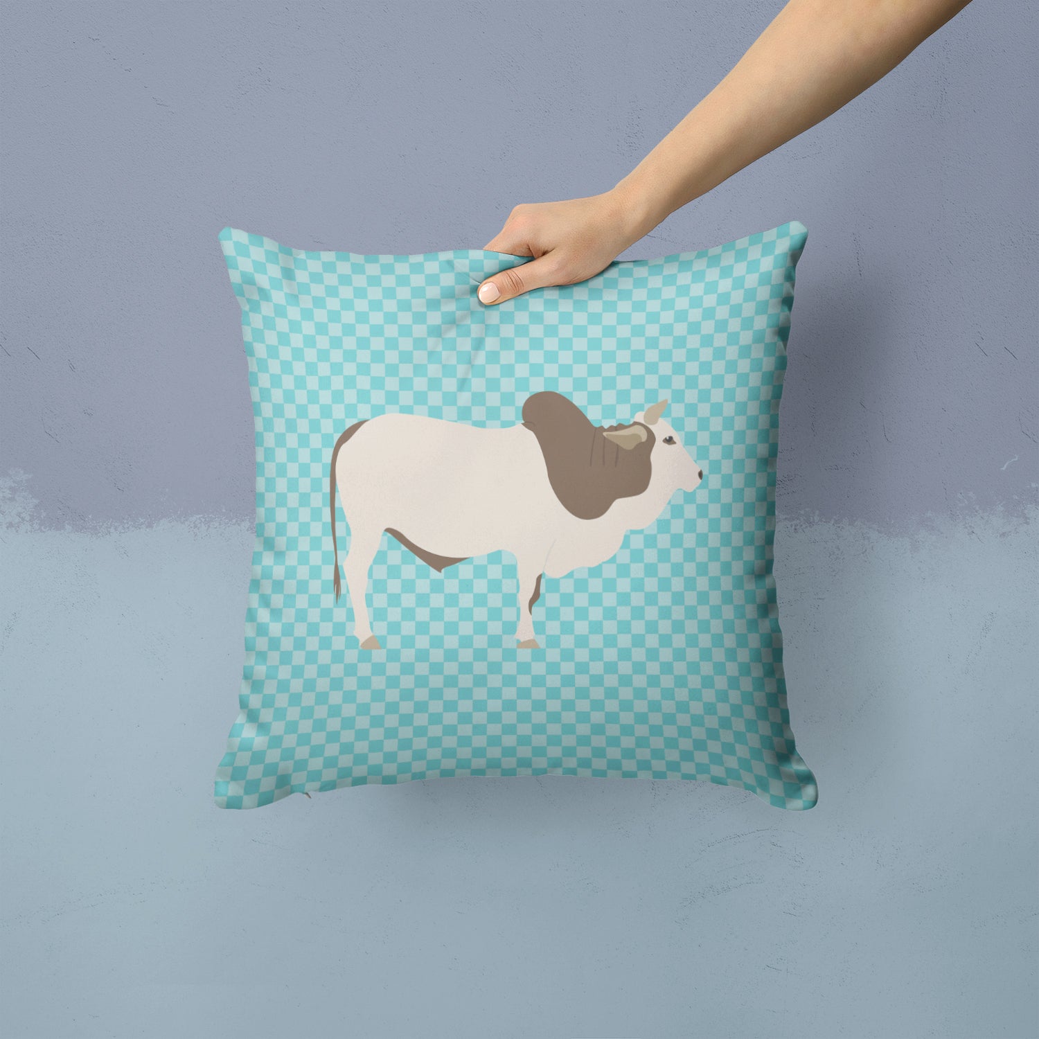 Malvi Cow Blue Check Fabric Decorative Pillow BB8004PW1414 - the-store.com