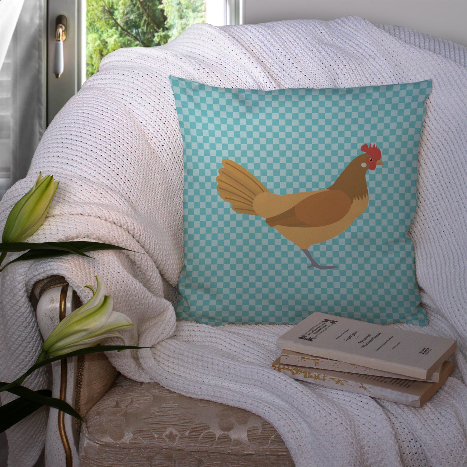 Frisian Friesian Chicken Blue Check Fabric Decorative Pillow BB8006PW1414 - the-store.com