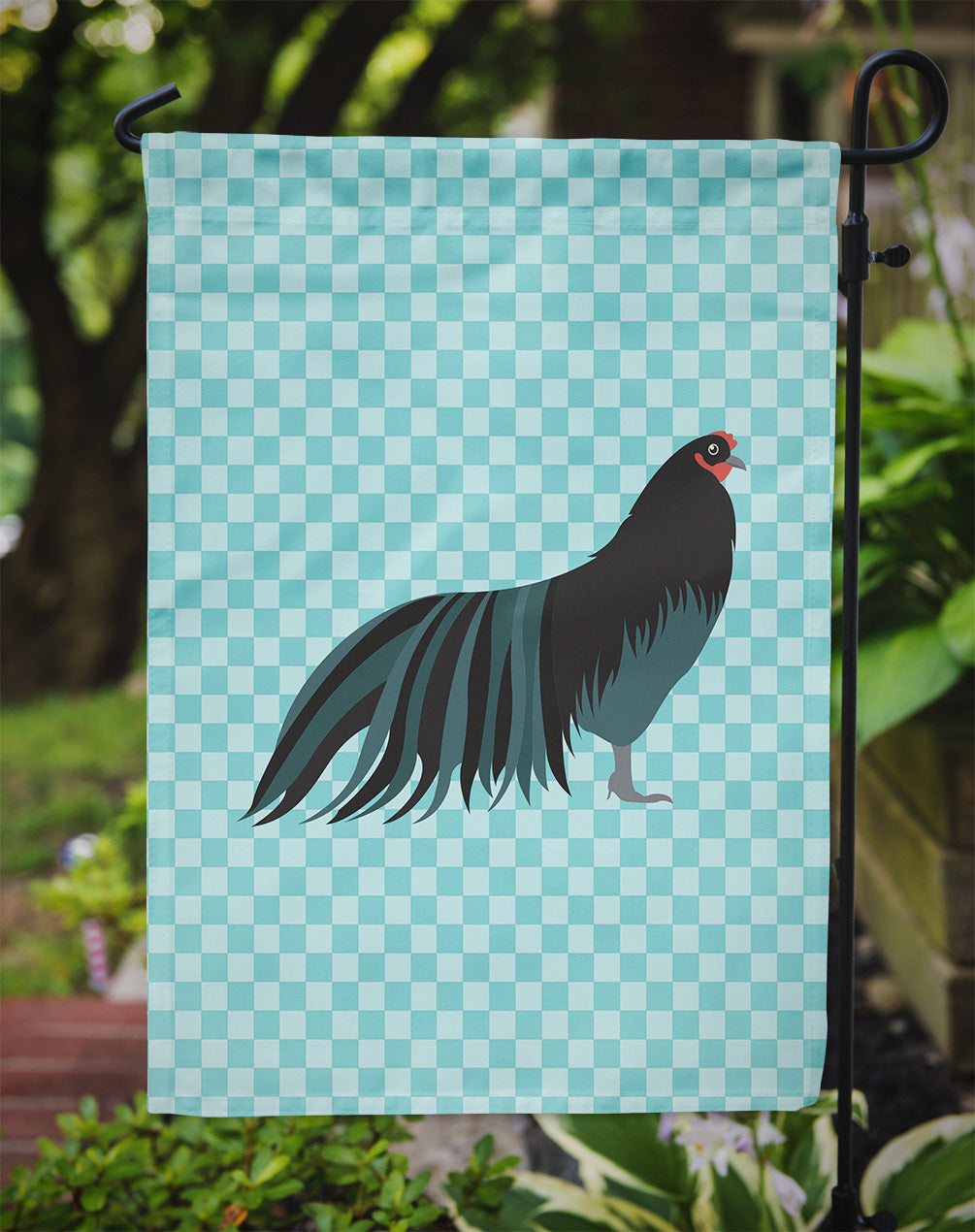 Sumatra Chicken Blue Check Flag Garden Size  the-store.com.