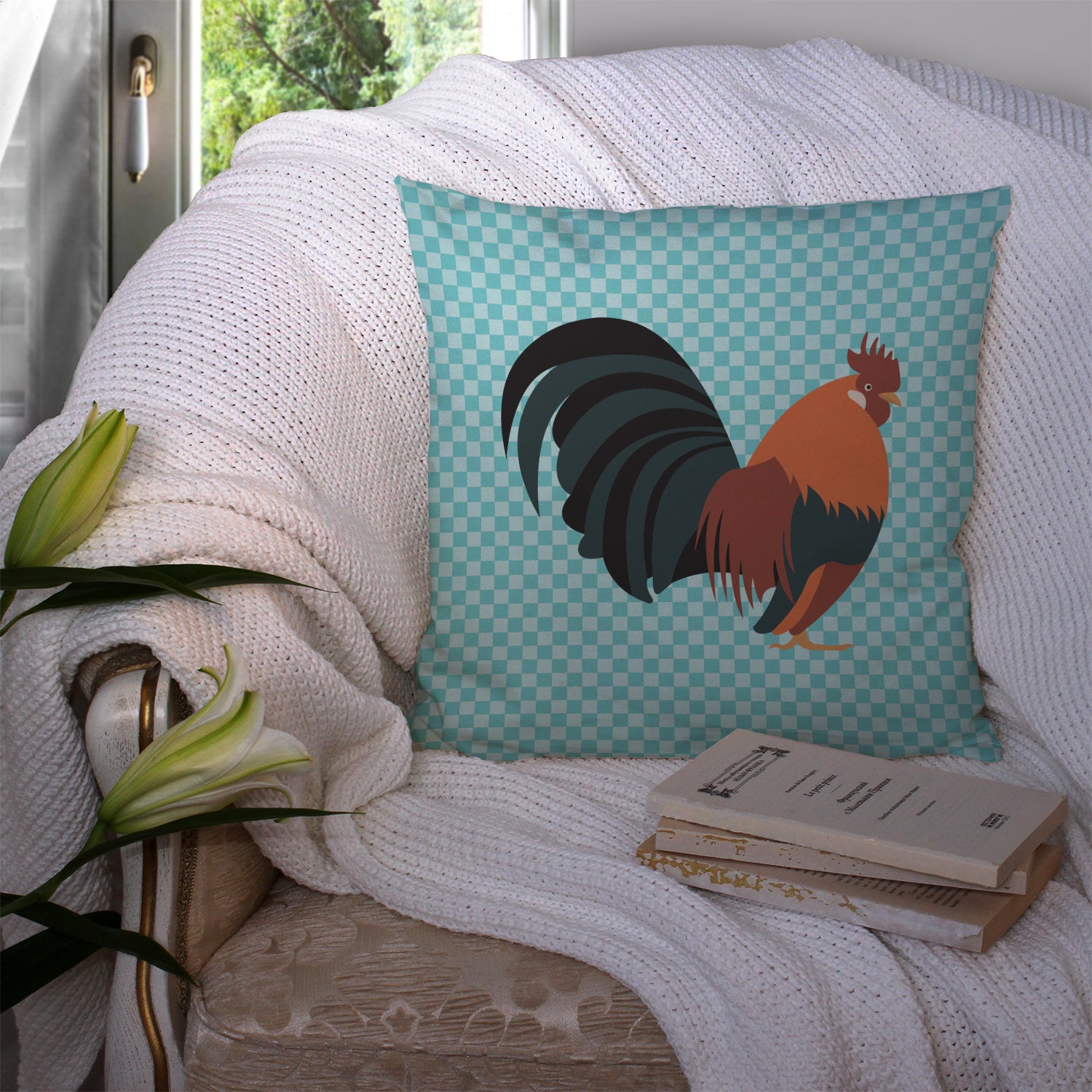 Dutch Bantam Chicken Blue Check Fabric Decorative Pillow BB8010PW1414 - the-store.com