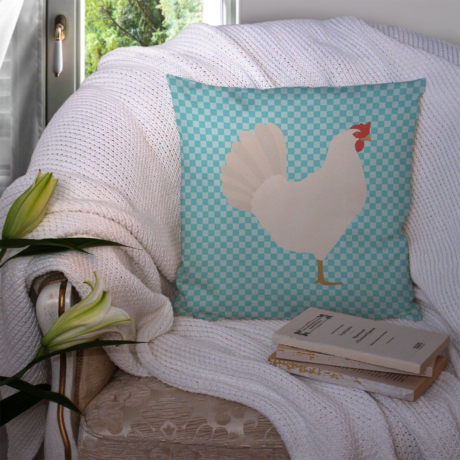 Leghorn Chicken Blue Check Fabric Decorative Pillow BB8014PW1414 - the-store.com