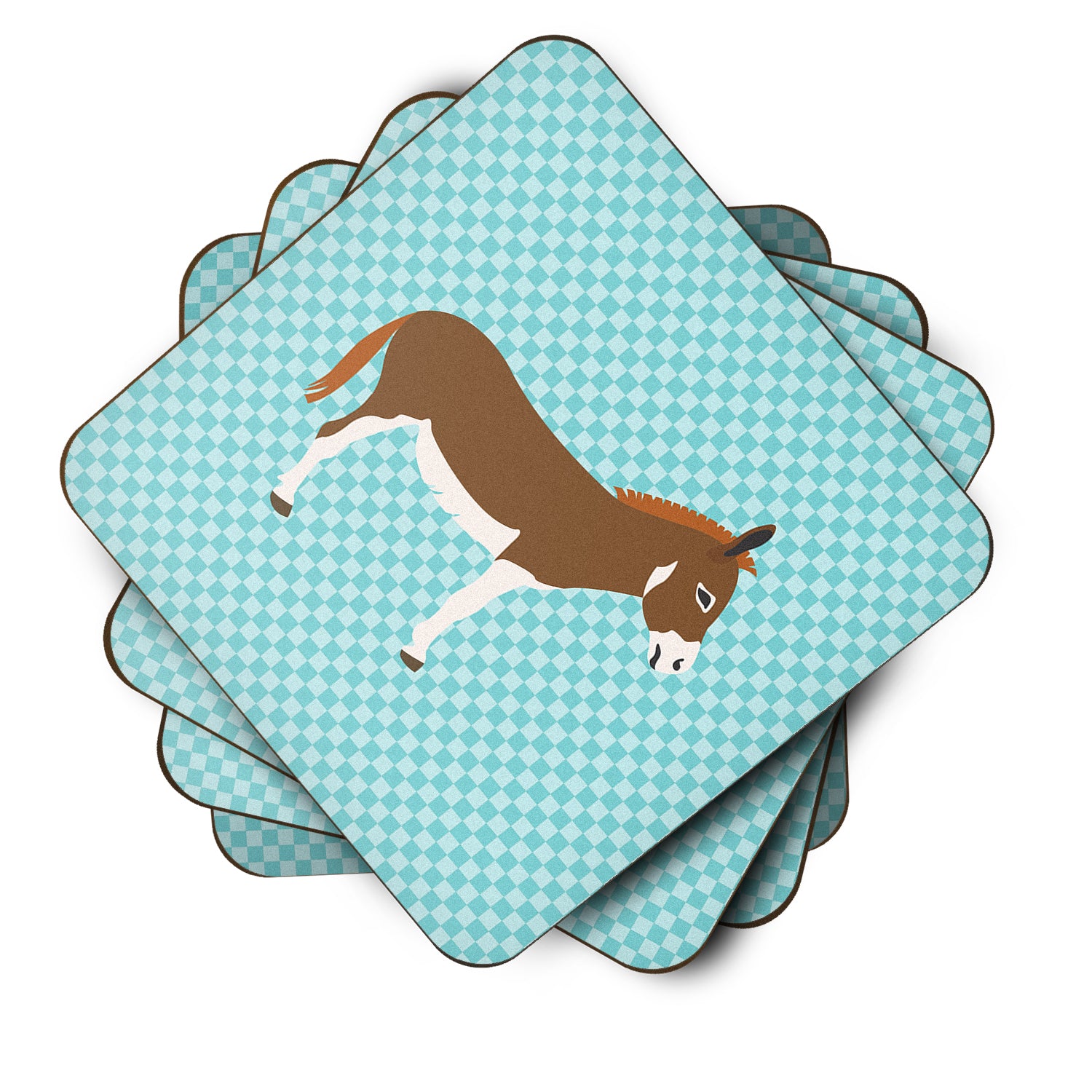 Miniature Mediterranian Donkey Blue Check Foam Coaster Set of 4 BB8021FC - the-store.com