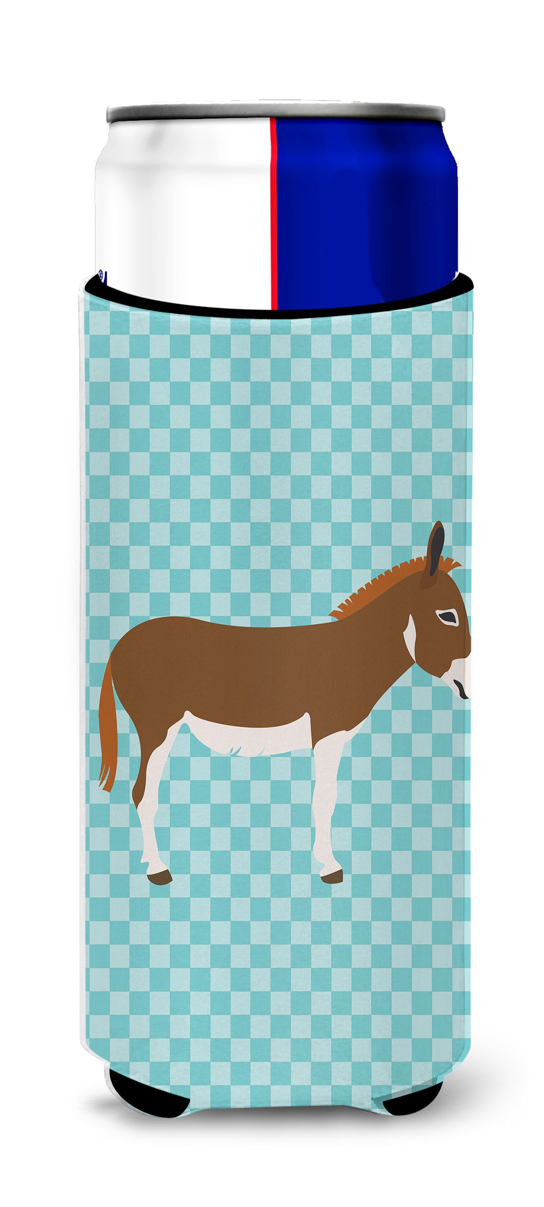 Miniature Mediterranian Donkey Blue Check  Ultra Hugger for slim cans  the-store.com.