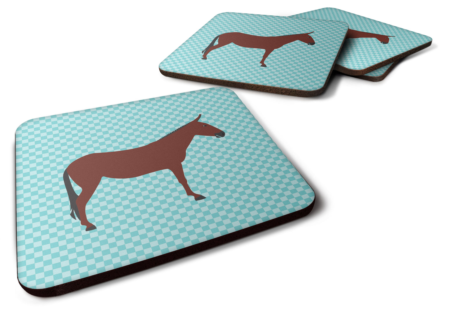 Hinny Horse Donkey Blue Check Foam Coaster Set of 4 BB8024FC - the-store.com